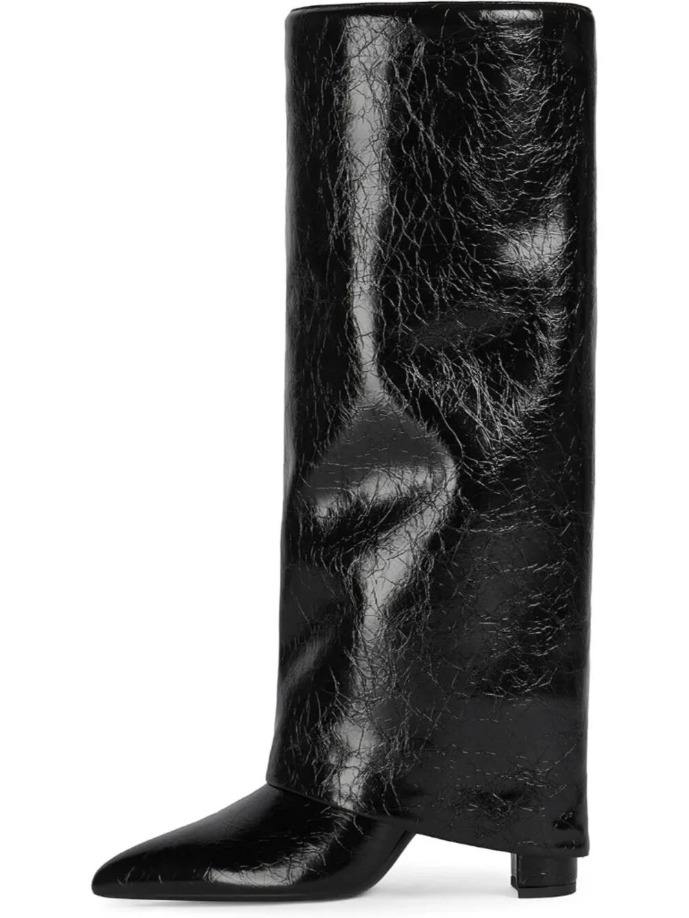 Women's Black Pointed Toe Chunky Heel Faux Leather Over The Knee Boots